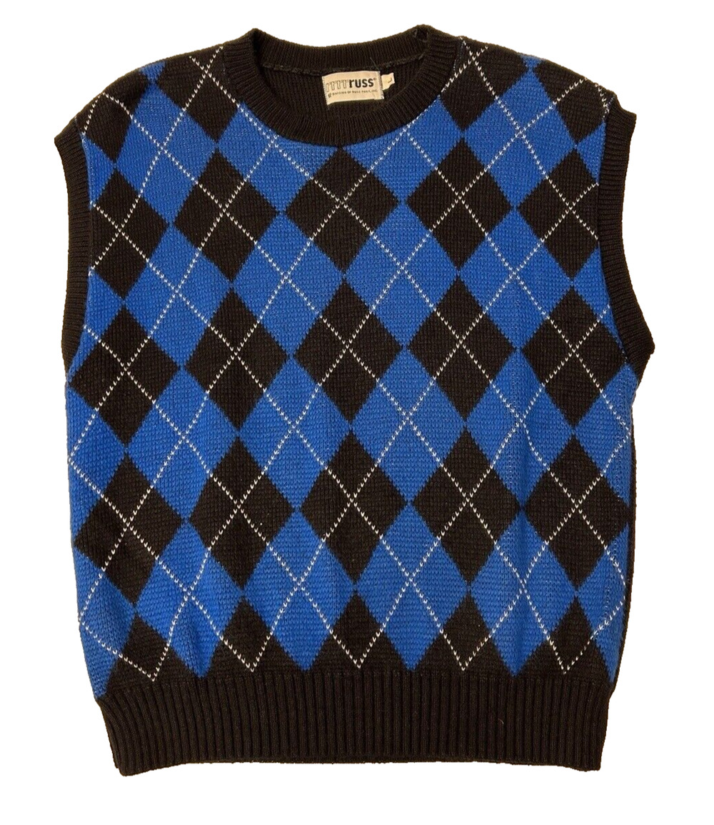 Vintage Rrrrruss Russ Togs Pullover Argyle Sweater Vest Sz Large Black Retro 80s